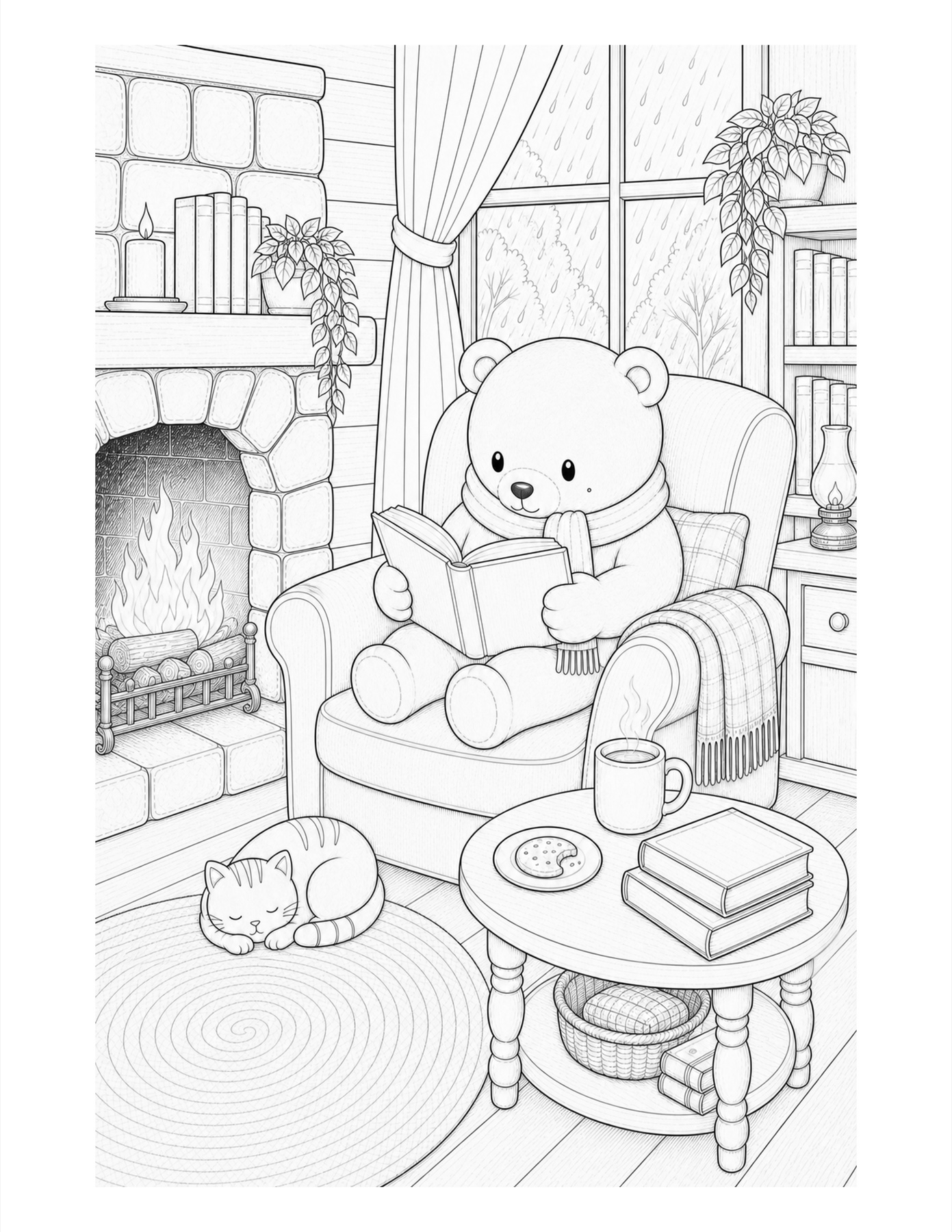 The current fireplace page as printable black-and-white line art
