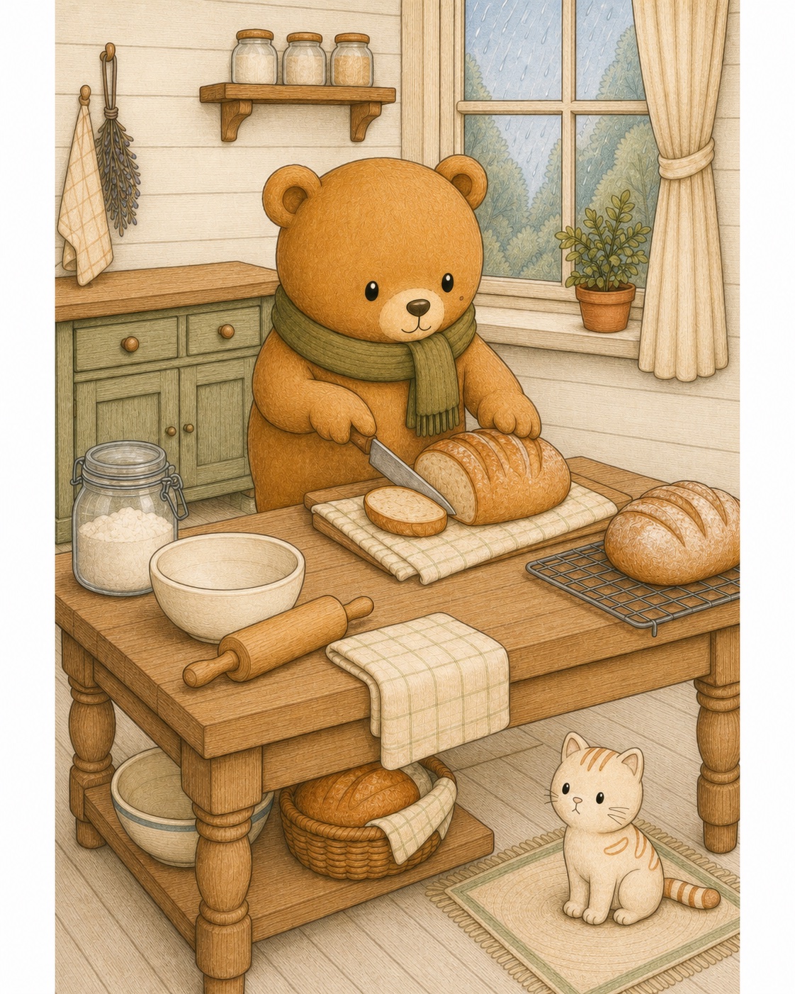 Oliver and his companion cat baking fresh bread in the cottage kitchen