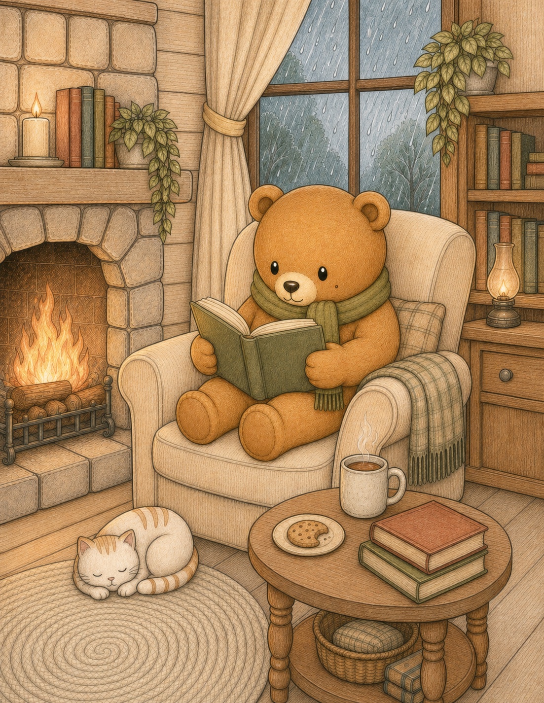 Oliver reading with his companion cat beside the fireplace in his warm cottage