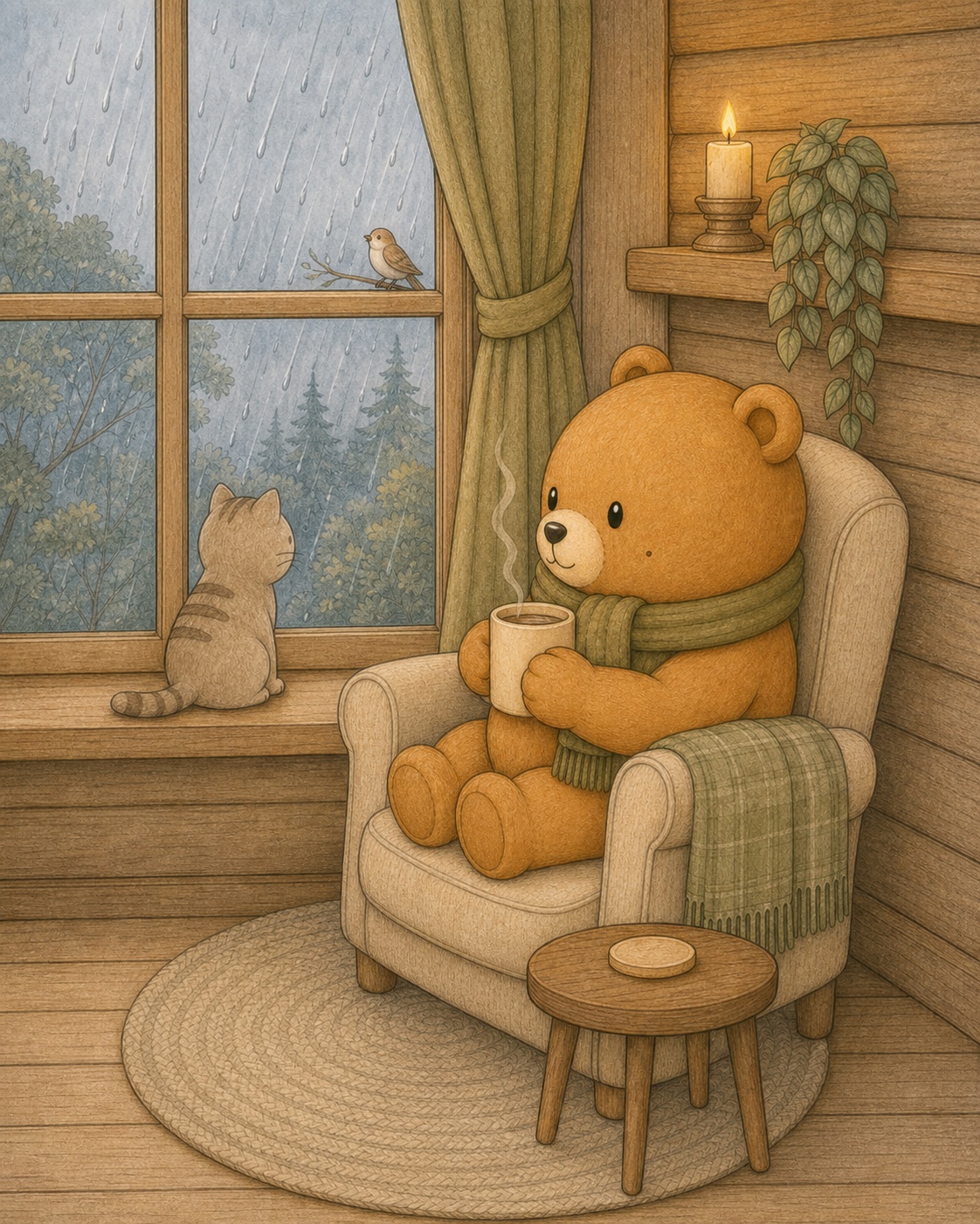 Oliver and his companion cat watching the rain beside a cottage window