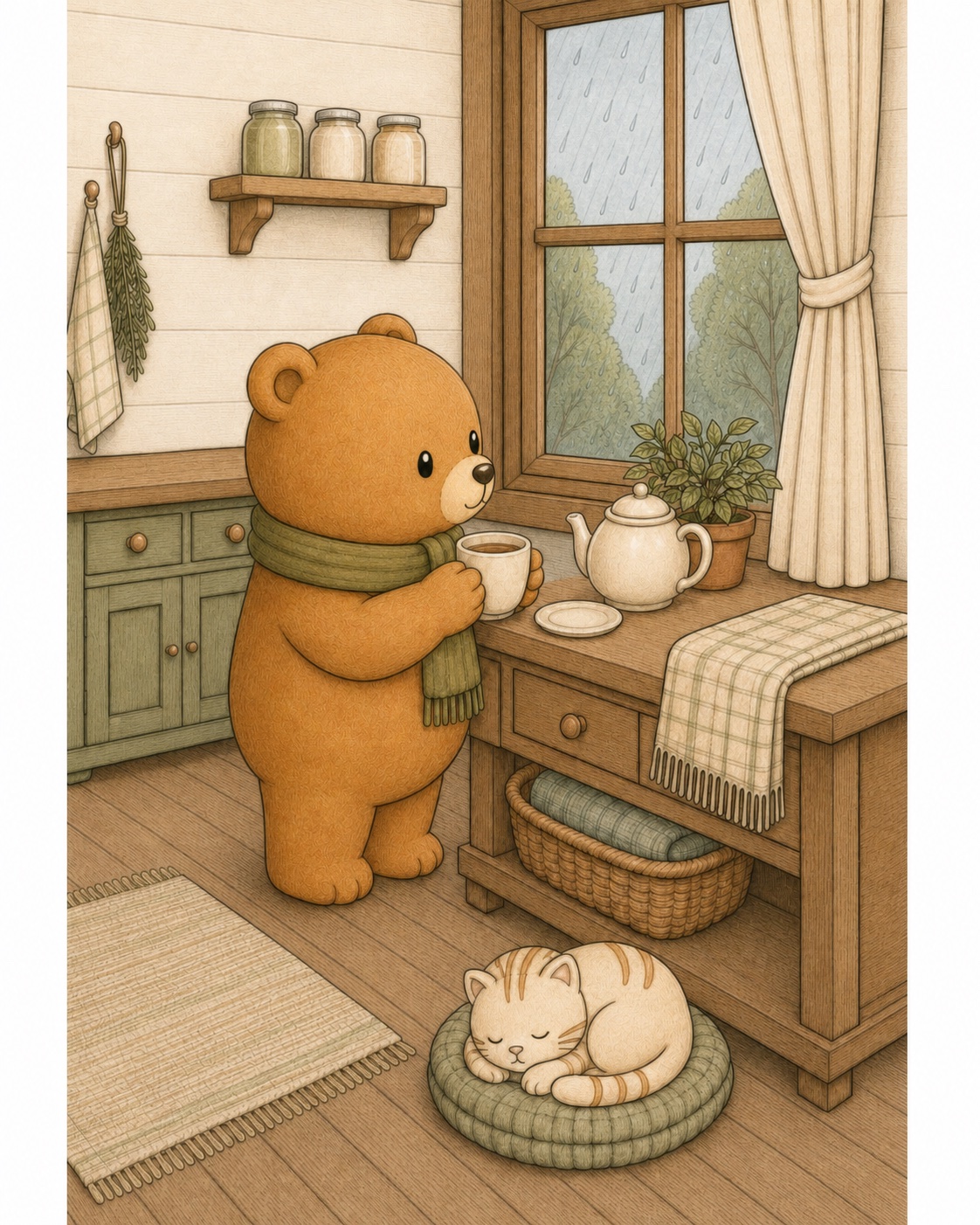 Oliver making tea while his companion cat sleeps nearby
