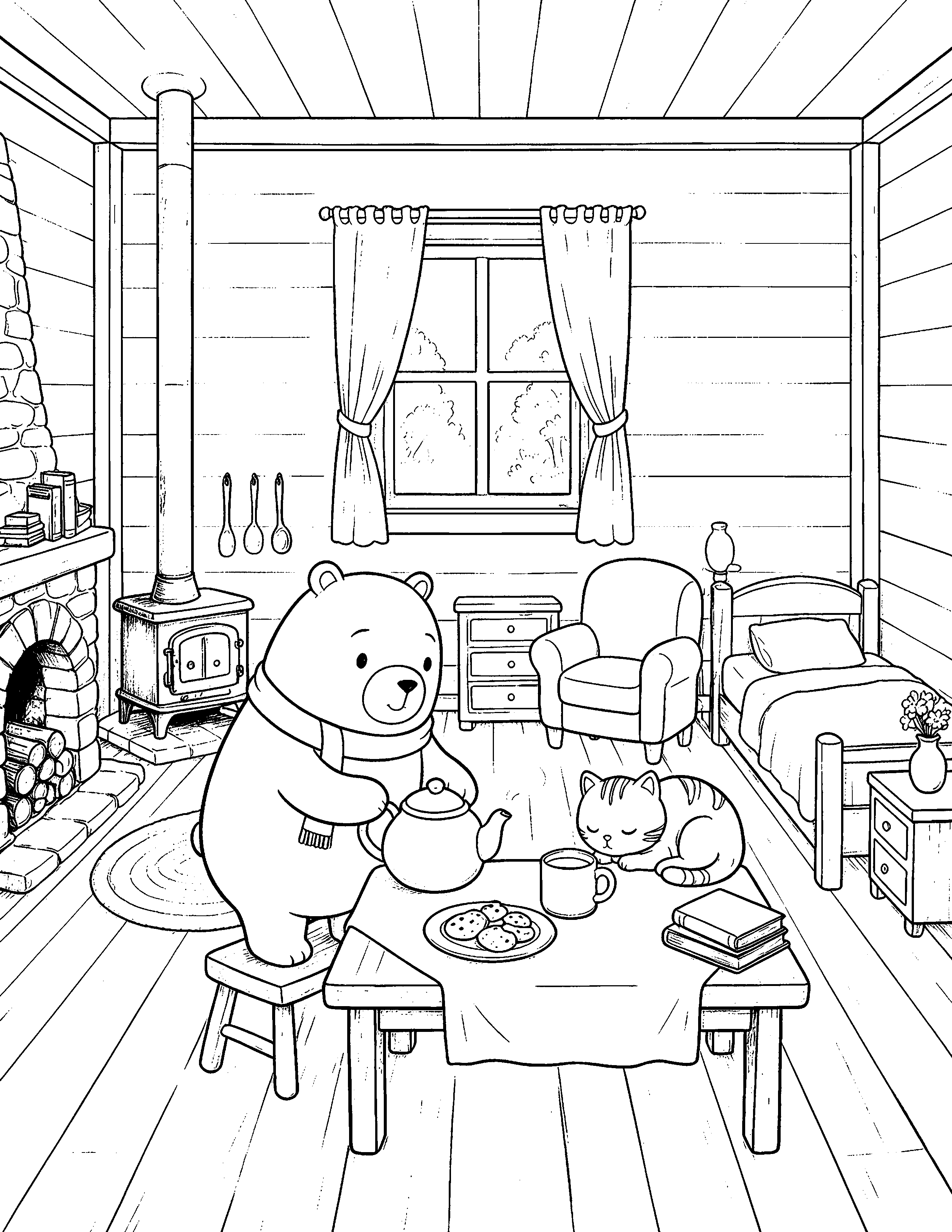 A coloring page of Oliver and the cat sharing afternoon tea