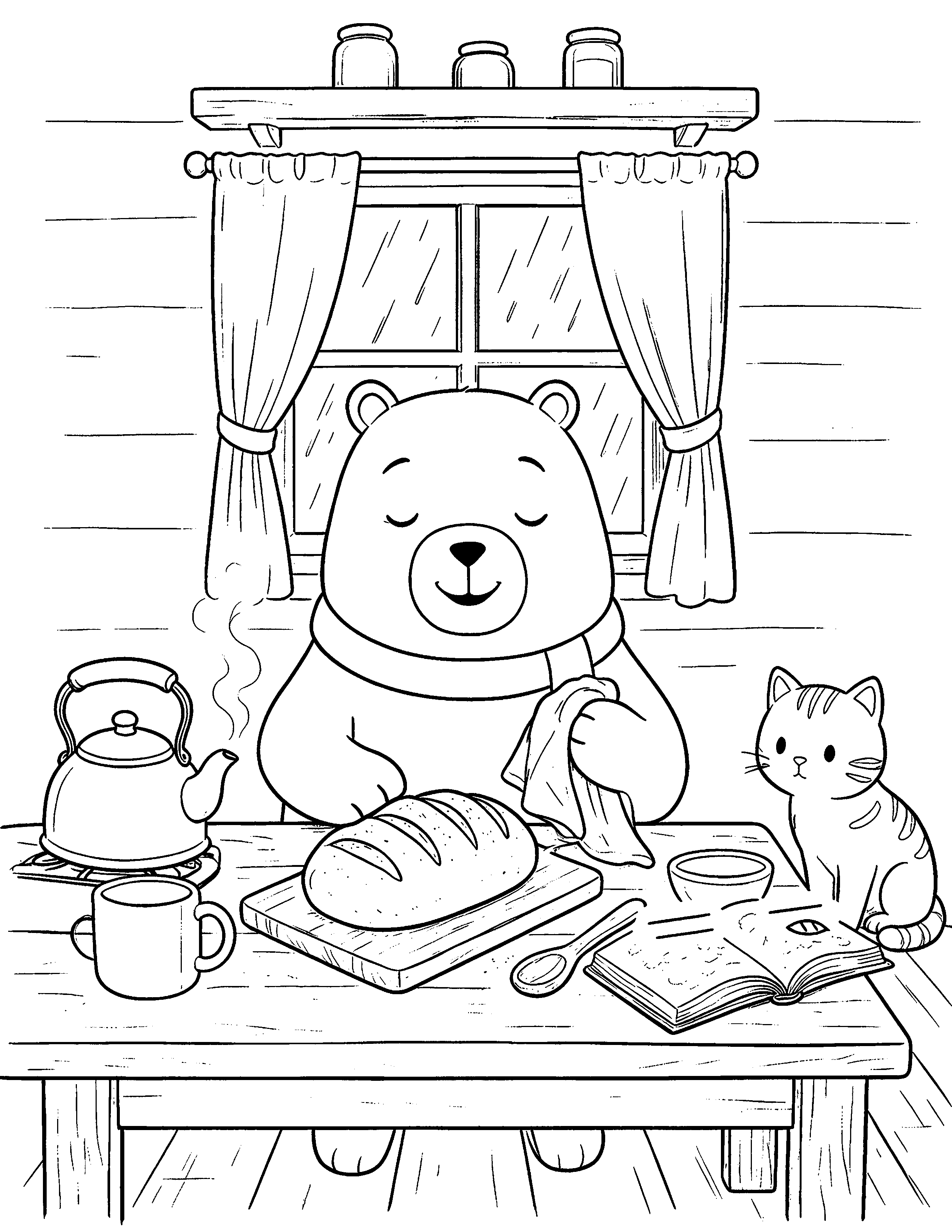 A coloring page of Oliver preparing fresh bread in the cottage kitchen