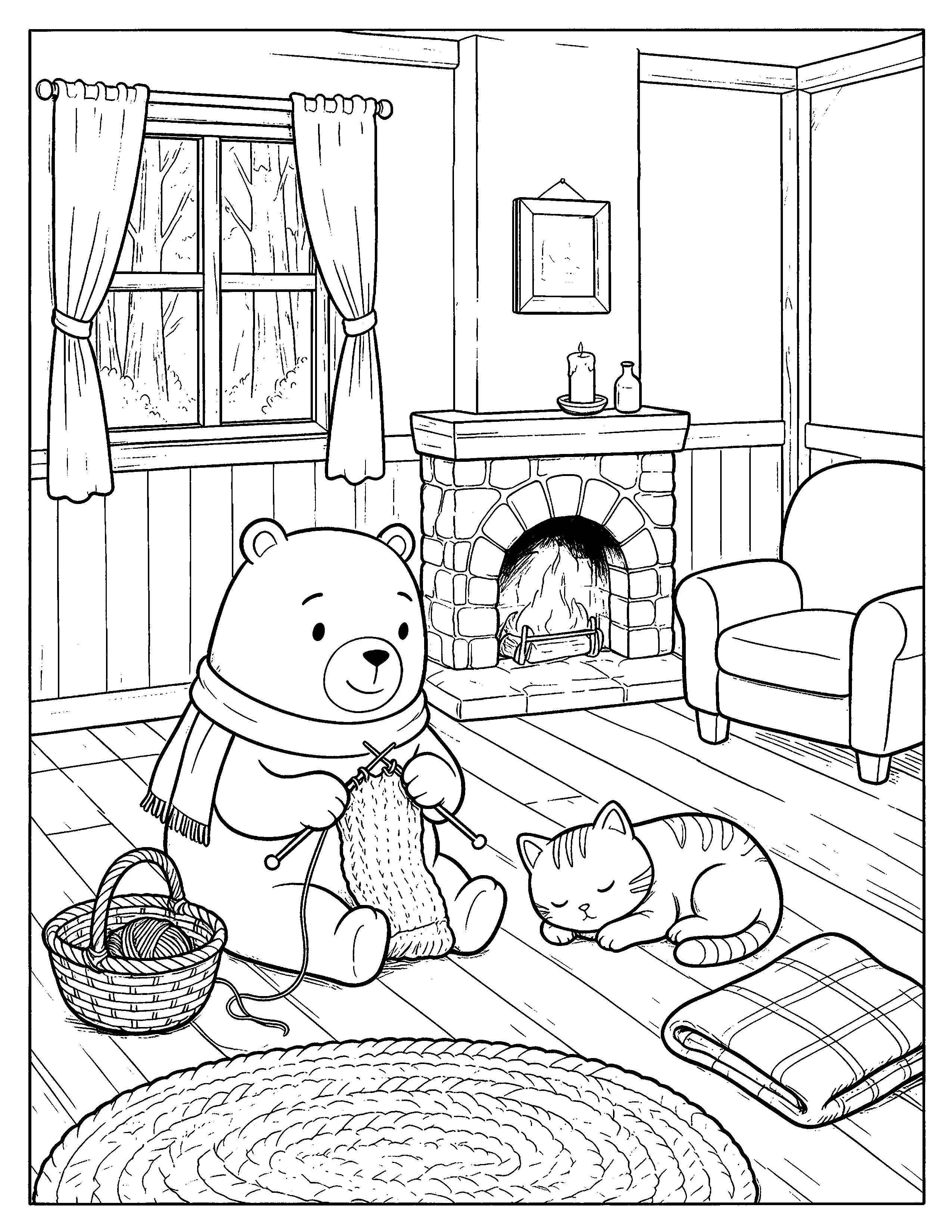 A coloring page of Oliver knitting beside the fire