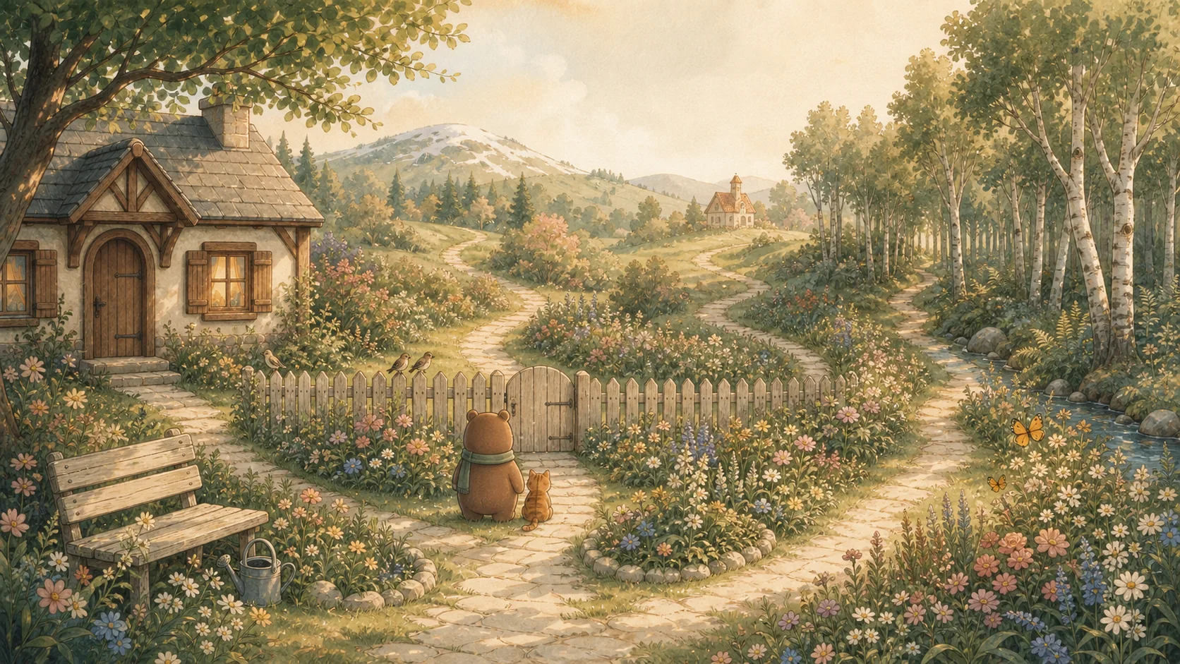 Oliver and the cat looking over flower-lined paths beyond the cottage garden