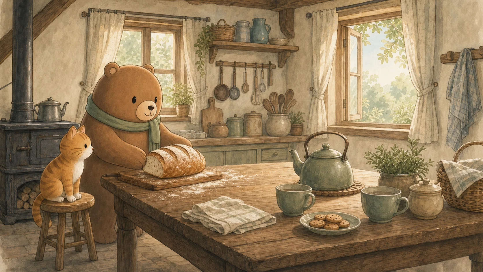 Oliver slicing fresh bread in the cottage kitchen while the cat watches